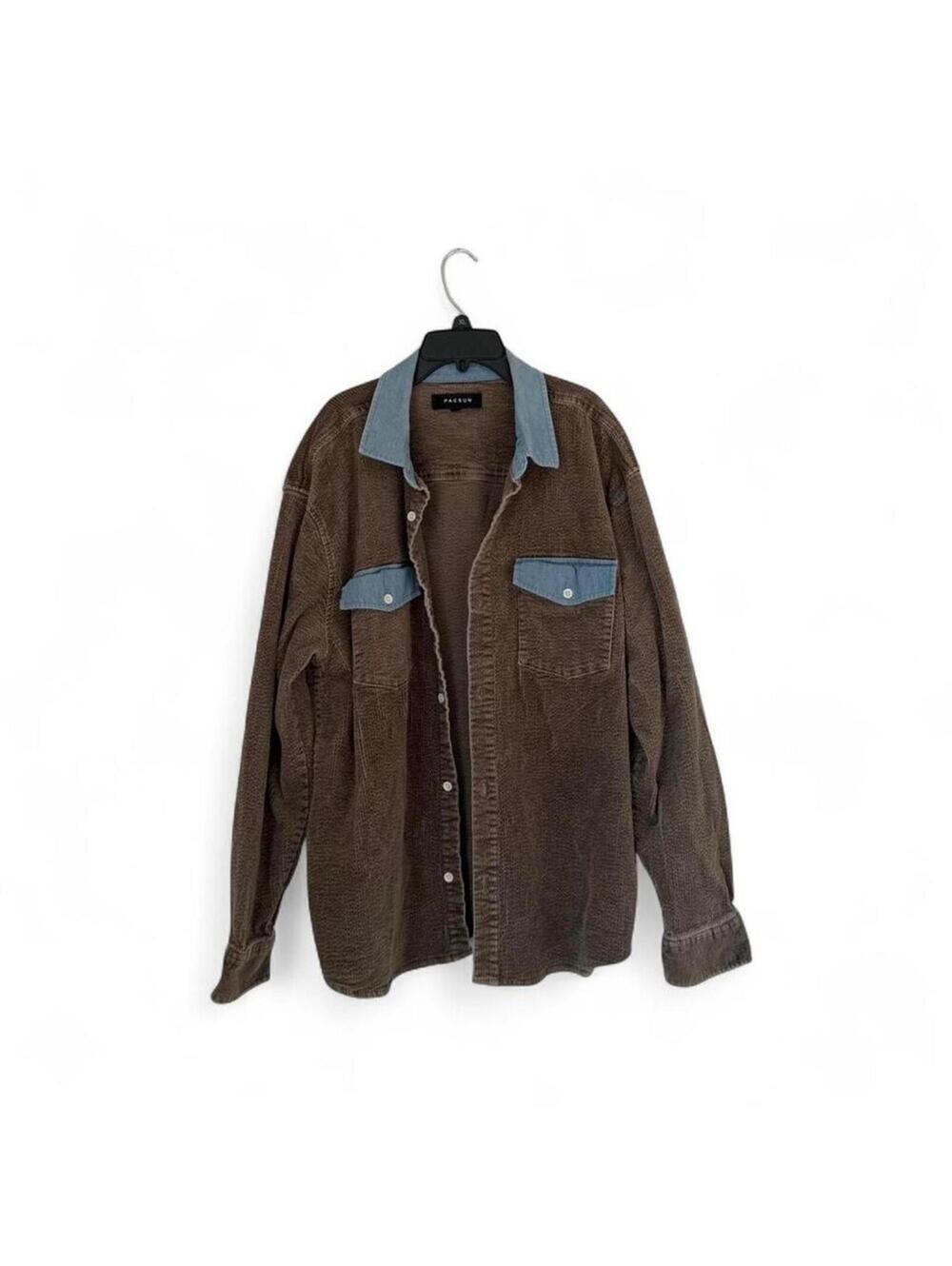 Pacsun Men's Brown Brown corduroy button-up shirt with blue collar L LARGE